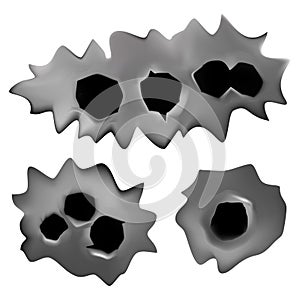 Holes from bullets in a metal surface on a white isolated background