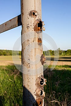 Holes from gunshots on a metal pipe