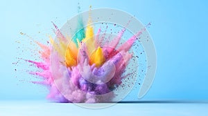 Holi Color Explosion Against Sunny Blue Sky: Hindu Festival of Colors with Rainbow Paint Splash photo