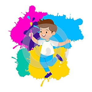 Holi festival. Boy enjoy holi festival and playing pichkari. Vector illustration