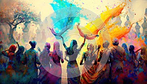 Holi festival celebration, people colorful silhouettes smear and drench each other with colours