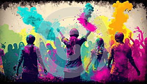 Holi festival celebration, people colorful silhouettes smear and drench each other with colours
