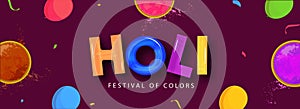 Holi Festival of Colors Banner or Header Design with Top View of Color Bowls and Balloons Decorated on Dark Pink