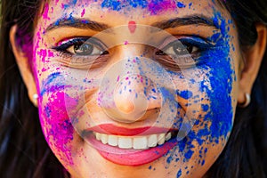 Holi Festival Of Colours. Portrait of happy indian girl in traditional hindu sari on holi color . india woman silver