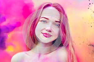 Holi Festival Of Colours. Portrait of happy young pretty girl on holi color festival. Girl with colorful long pink and blue hair s