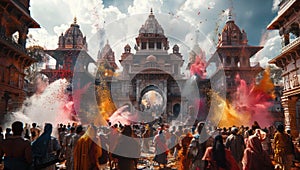 Holi festival, indian people throwing colorful powder in front of an Indian temple