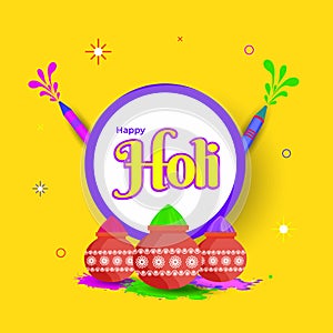 Holi Greeting Card Design with Splashing Water Guns (Pichkari), Mud Pots Full of Dry Colors (Gulal) on Yellow