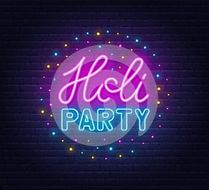 Holi Party Neon Sign on brick wall background.