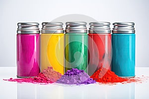 Holi Powder Canisters On White Background. Generative AI