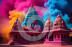 Holi powder clouds against traditional Indian architecture, emphasizing the integration of vibrant colors into the