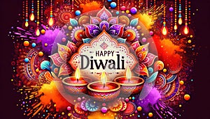 Holi\'s colored powders and Diwali\'s luminous diyas, unified under the \'Happy Diwali\' banner