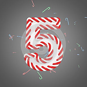 Holiday alphabet number 5. Christmas font made of mint striped candy canes. 3D render.