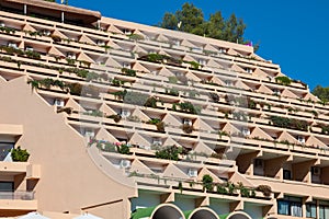 holiday apartment building and sun terrace in Ibiza island, Spain