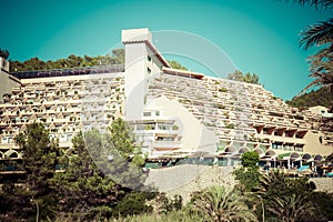 holiday apartment building and sun terrace in Ibiza island, Spain