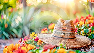 Holiday backdrop of sunlit straw hat with a colorful and lies ahead blooming flowers