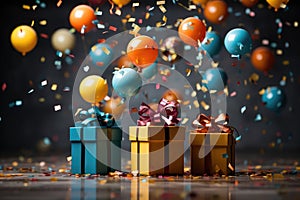Holiday background with balloons, present gift boxes and confetti on wooden background