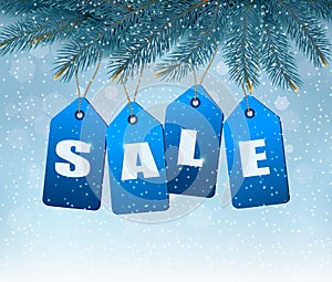 Holiday background with blue sale tags.