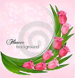 Holiday background with bouquet of pink flowers.