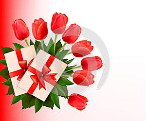 Holiday background with bouquet of red flowers and