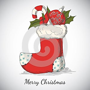 Holiday background with Christmas hand drawn sock