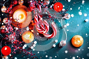 Holiday background. Christmas served table with decorations