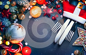 Holiday background. Christmas served table with decorations