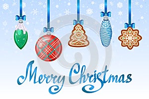 Holiday Background with christmas toys and gingerbread cookies.