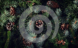 Holiday background of Christmas tree branches, spruce, juniper, fir, larch, pine cones with light.
