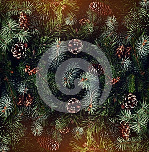 Holiday background of Christmas tree branches, spruce, juniper, fir, larch, pine cones with light.