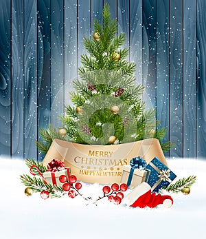 Holiday background with a Christmas tree and presents with santa