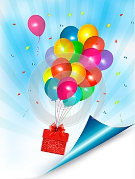 Holiday background with colorful balloons and gift