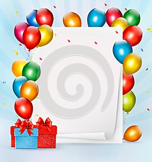 Holiday background with colorful balloons and gift