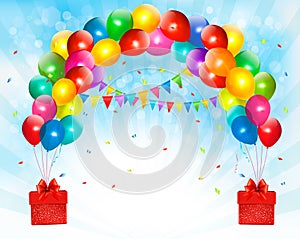 Holiday background with colorful balloons and gift boxes.