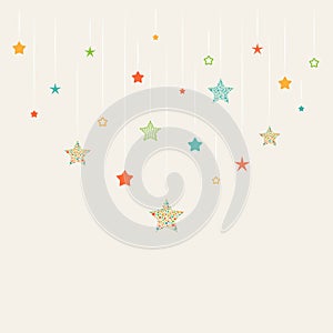 Holiday background with flat colorful stars and ribbons on beige background