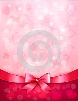 Holiday background with gift pink bow and ribbon.