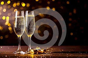 Holiday background with glasses of champagne on a black and gold background with copy space. Party or holiday concept