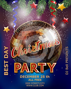 Holiday background with gold disco ball, fir branches and balls. Party poster