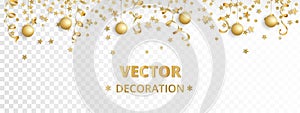 Holiday background. golden garland border, frame. Hanging baubles, streamers, falling confetti