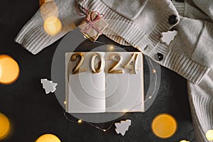 Holiday background Happy New Year 2024. Numbers of year 2024 with sweater