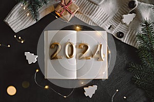Holiday background Happy New Year 2024. Numbers of year 2024 with sweater