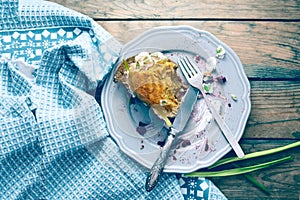 Plate with crumbs after a pumpkin pie