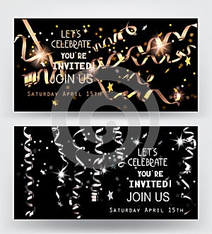 Holiday background. Invitation gold and silver cards with sparkling serpentine and star shaped confetti.