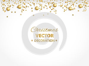 Holiday background. Isolated golden garland border, frame. Hanging baubles, streamers, falling confetti