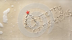 Holiday background - merry Christmas and tree with starfish drawn on a sandy beach