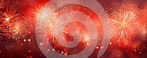 Holiday background with red fireworks pyrotechnics on blurred background with lights, sparks and firecrackers