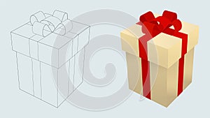 Holiday background with set of white gift box with red ribbon bow and lineart stile.