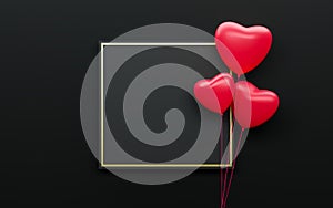 Holiday background for Valentines Day . Red heart balloons on a black background with a frame for your text