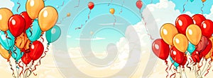 Holiday banner with lusters of red, blue, and orange balloons float against sunny sky