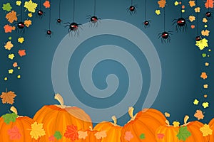 Holiday banner with pumpkins, spiders and autumn leaves isolated on dark background.