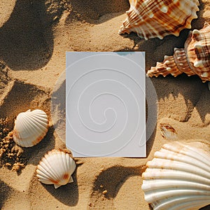 holiday beach concept with sea shells and a blank postcard